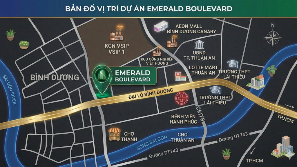 Sơ đồ vị trí dự án Emerald Boulevard Bình Dương kết nối trực tiếp các trục đại lộ huyết mạch và khu công nghiệp trọng điểm
